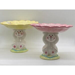 Bunny Rabbit Figurine Holding Flower Above Head Set of 2 Pink Yellow Easter Dish